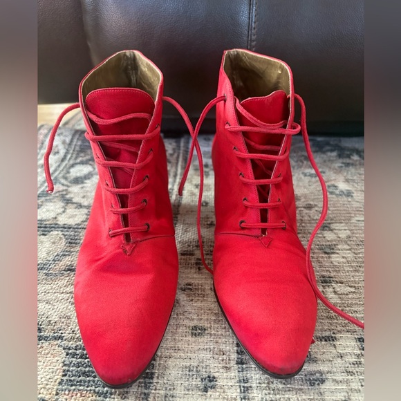 Vintage Yves Saint Laurent Red Satin Lace-Up Ankle BootsItalyBlock Heel